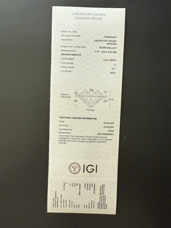 IGI 3.50 Carat G VS1 Round Lab Grown Ring - Image 9