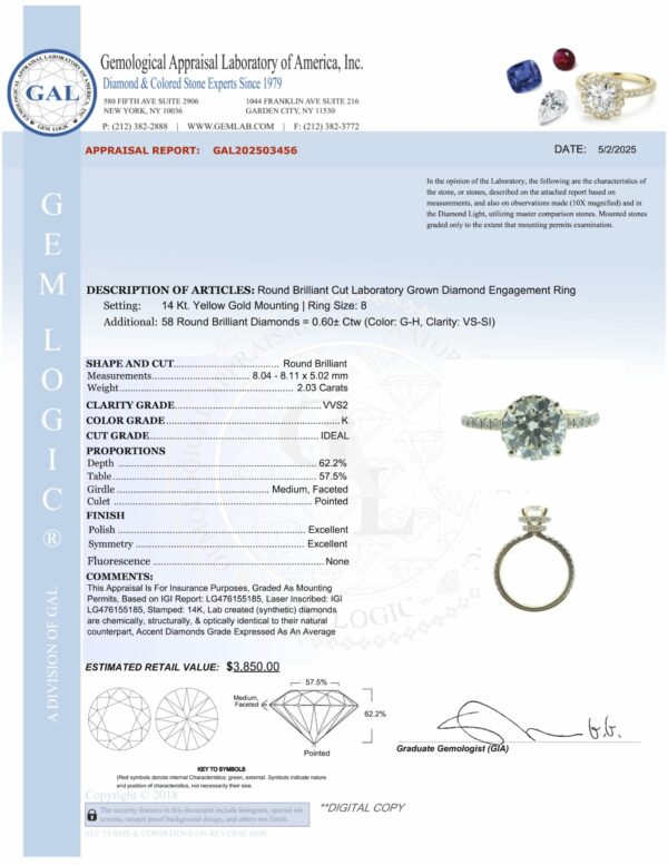 IGI 2.03 Carat K VVS2 Round Lab-Grown Diamond Ring - Image 4