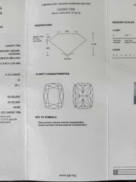 IGI 5.10 Carat G VS1 Cushion Lab-Grown Diamond Loose Diamond - Image 3