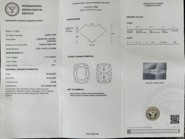 IGI 5.10 Carat G VS1 Cushion Lab-Grown Diamond Loose Diamond - Image 3