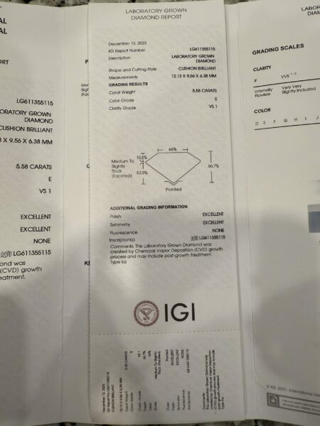 IGI 5.68 Carat E VS1 Cushion Lab Grown Ring - Image 10