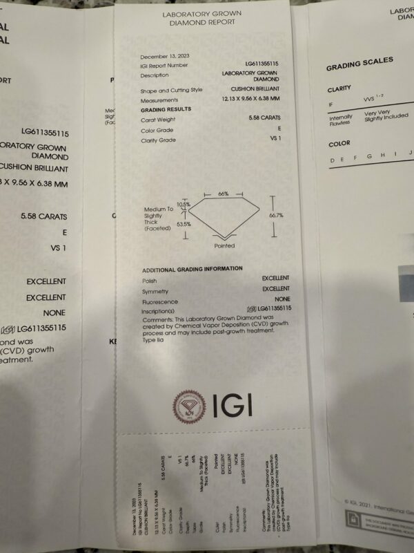 IGI 5.68 Carat E VS1 Cushion Lab Grown Ring - Image 10
