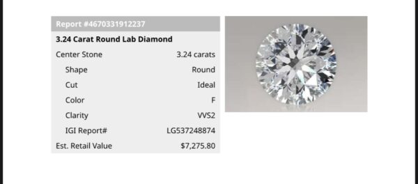 IGI 3.24 Carat E VVS2 Round Lab Grown Ring - Image 3