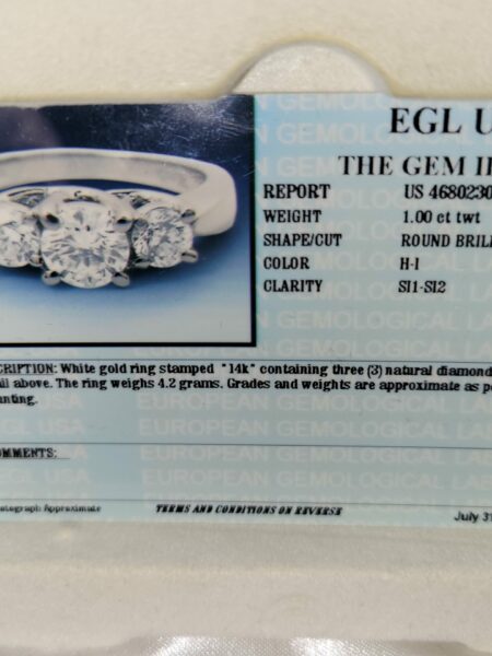 EGL 1 Carat H SI1 Round Natural Diamond Ring - Image 2