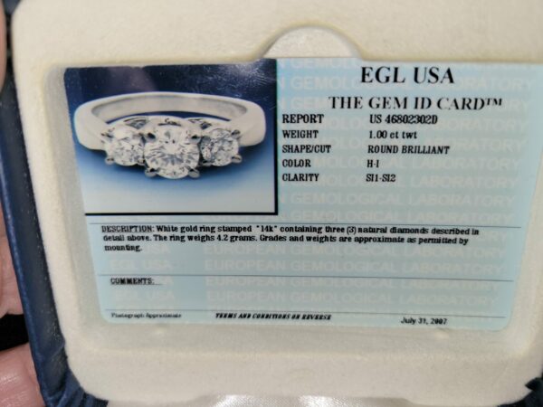 EGL 1 Carat H SI1 Round Natural Diamond Ring - Image 2