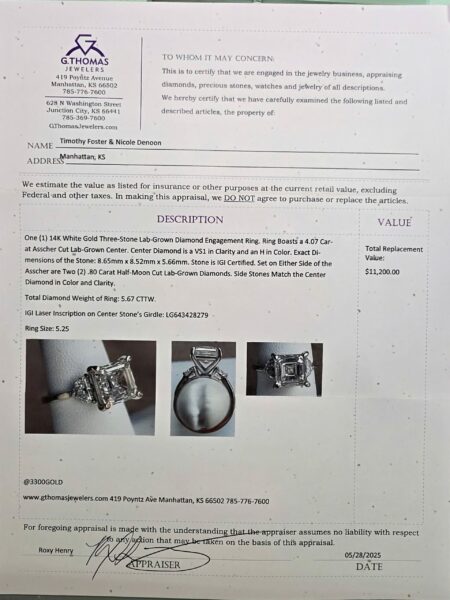 IGI 4.07 Carat H VS1 Asscher Lab Grown Ring - Image 3