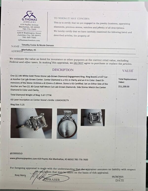IGI 4.07 Carat H VS1 Asscher Lab Grown Ring - Image 3
