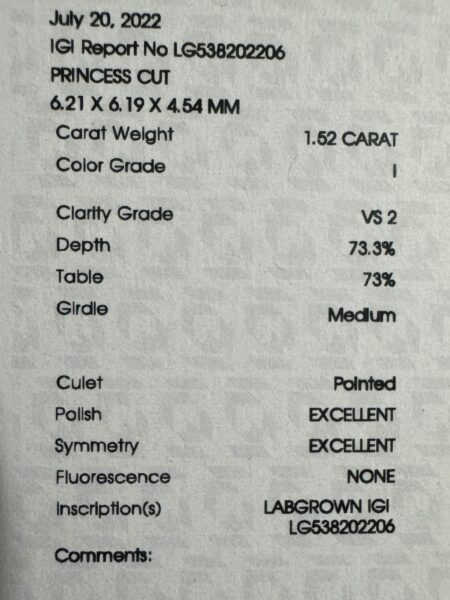 IGI 1.52 Carat I VS2 Princess Lab Grown Ring - Image 10