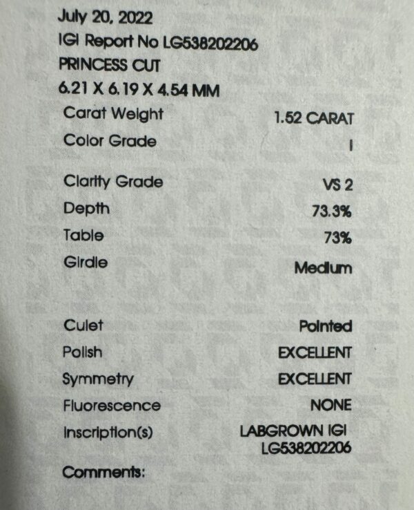 IGI 1.52 Carat I VS2 Princess Lab Grown Ring - Image 10