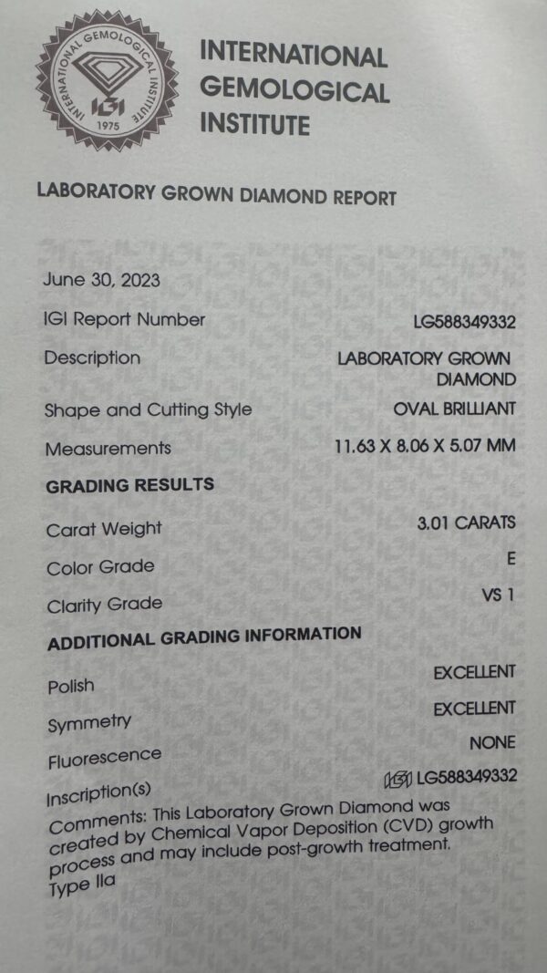 IGI 5.51 Carat E VS1 Oval Lab Grown Diamond Ring - Image 12