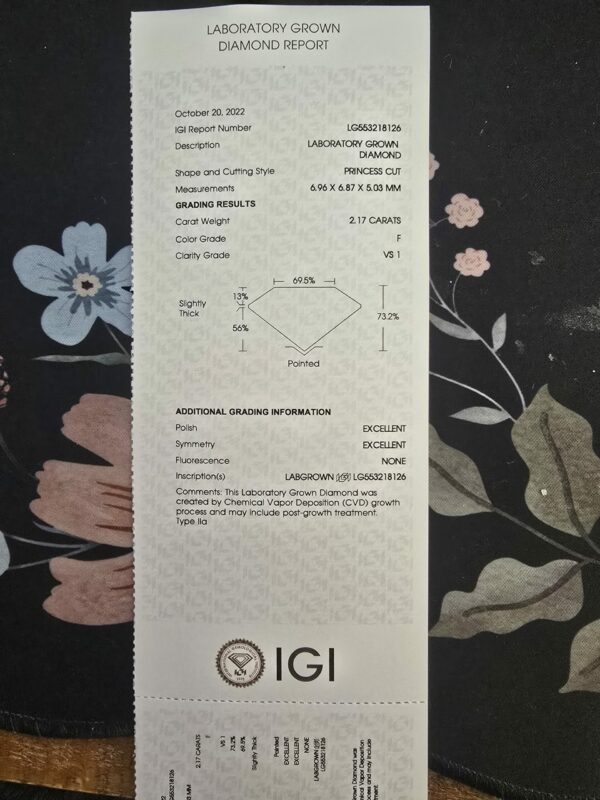 IGI 2.17 Carat F VS1 Princess Lab Grown Ring - Image 6