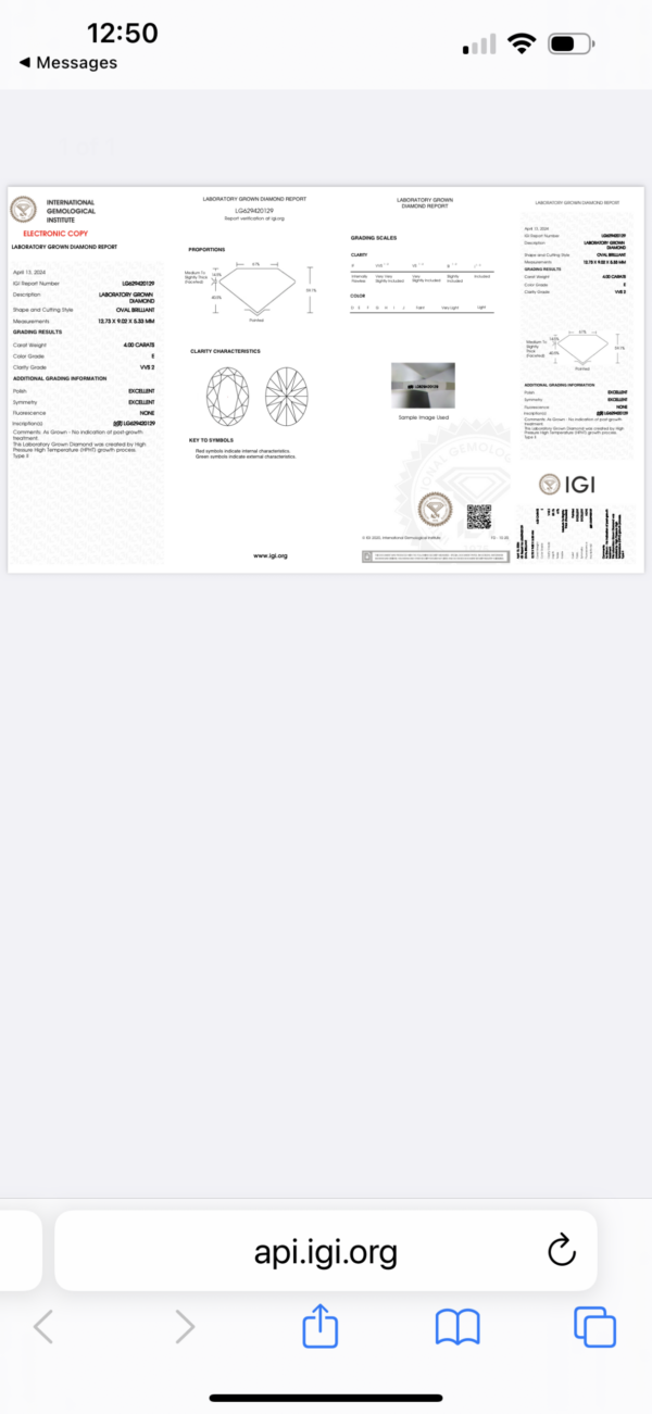 IGI 4.0 Carat E VVS2 Oval Lab Grown Diamond Ring - Image 1