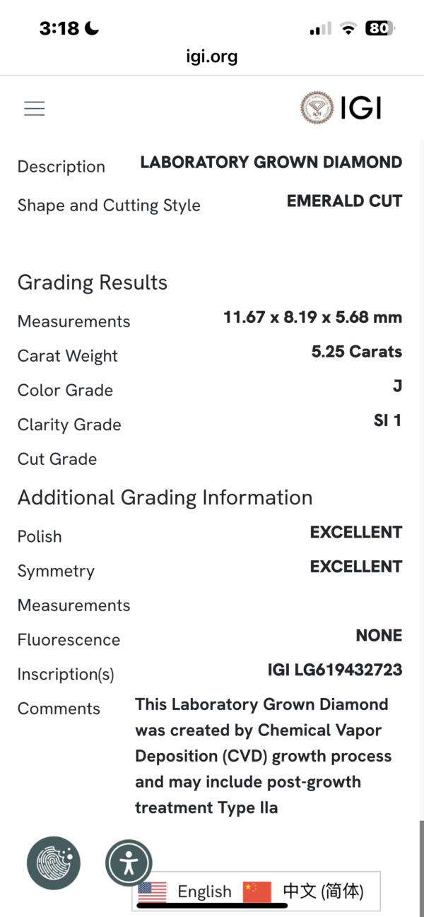 IGI 5.25 Carat J SI1 Emerald Lab Grown Diamond Loose Diamond - Image 5