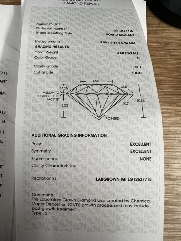 IGI 3.50 Carat H SI1 Round Lab Grown Diamond Ring - Image 9
