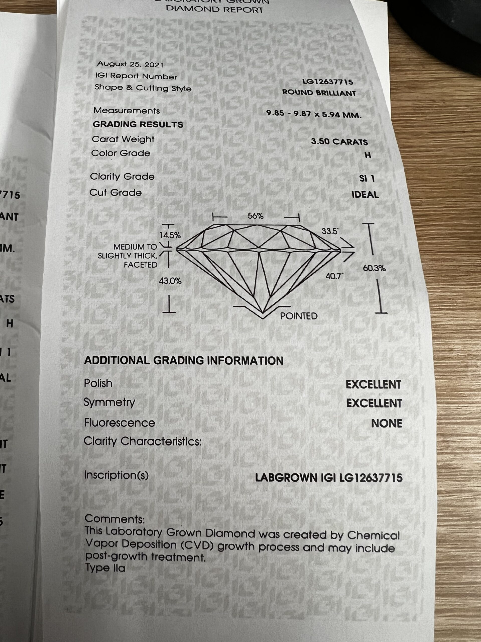 IGI 3.50 Carat H SI1 Round Lab Grown Diamond Ring - Image 9