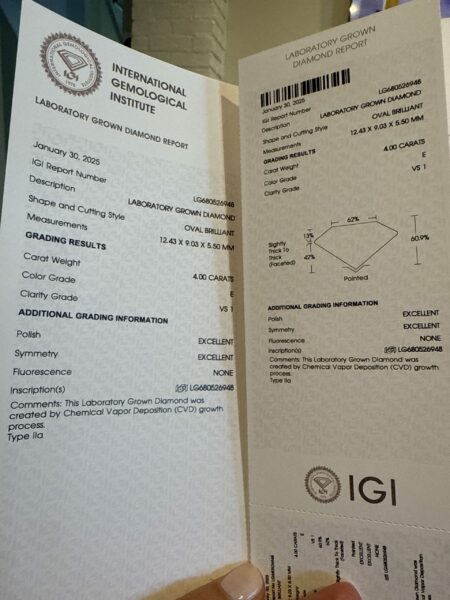 IGI 4 Carat E VS1 Oval Lab Grown Ring - Image 11