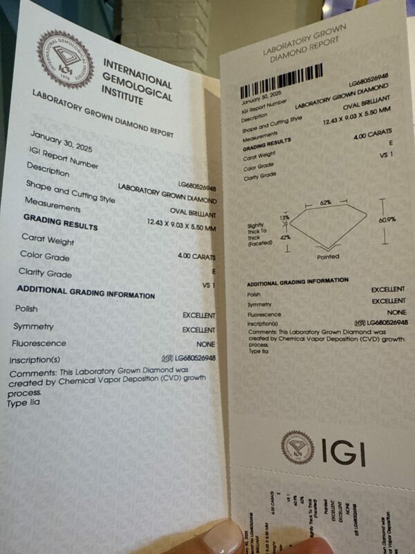 IGI 4 Carat E VS1 Oval Lab Grown Ring - Image 11