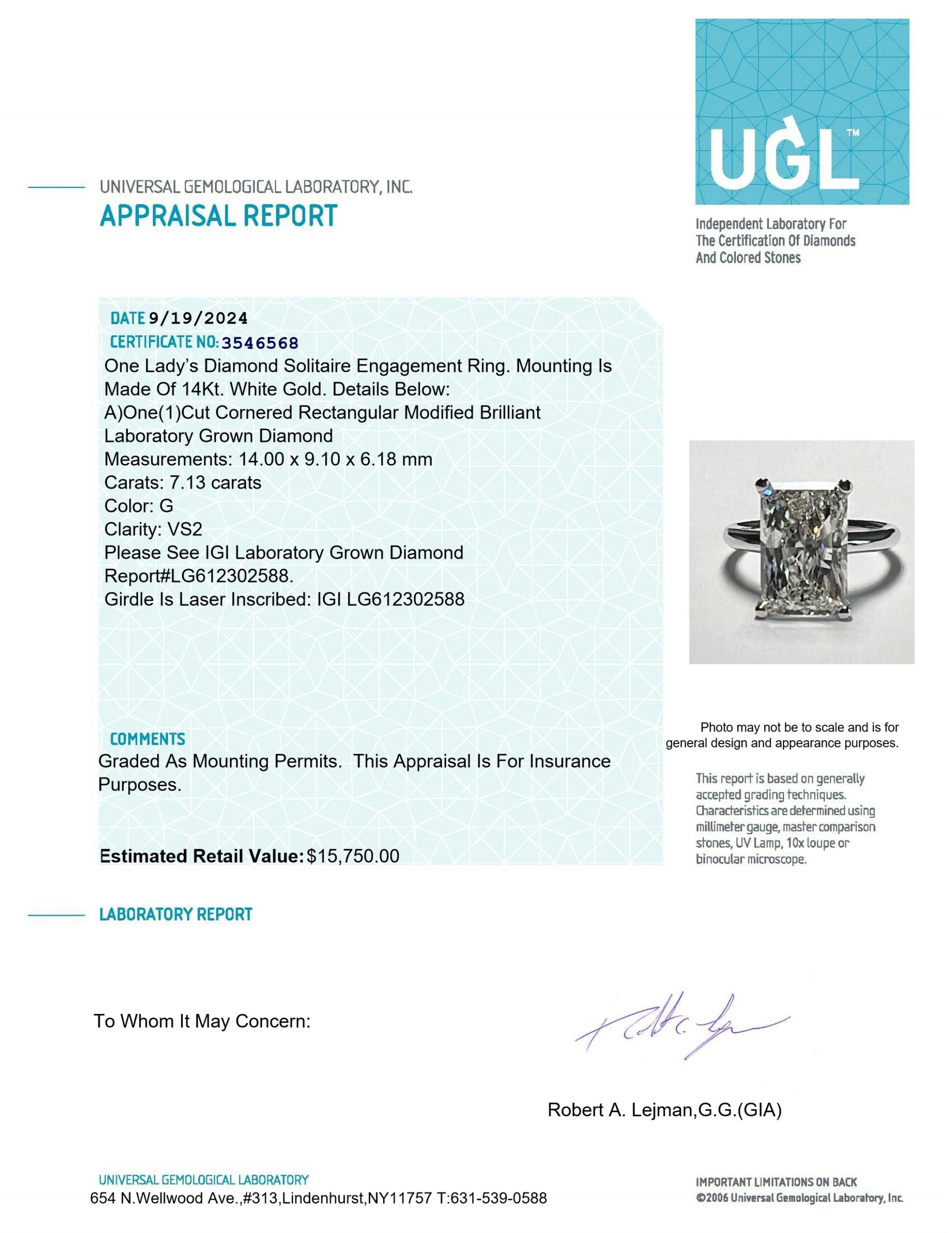 IGI 7.13 Carat G VS2 Emerald Lab Grown Diamond Ring - Image 3