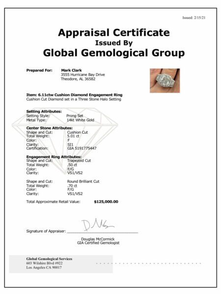 GSI 6.11 Carat F SI1 Cushion Natural Diamond Ring - Image 3