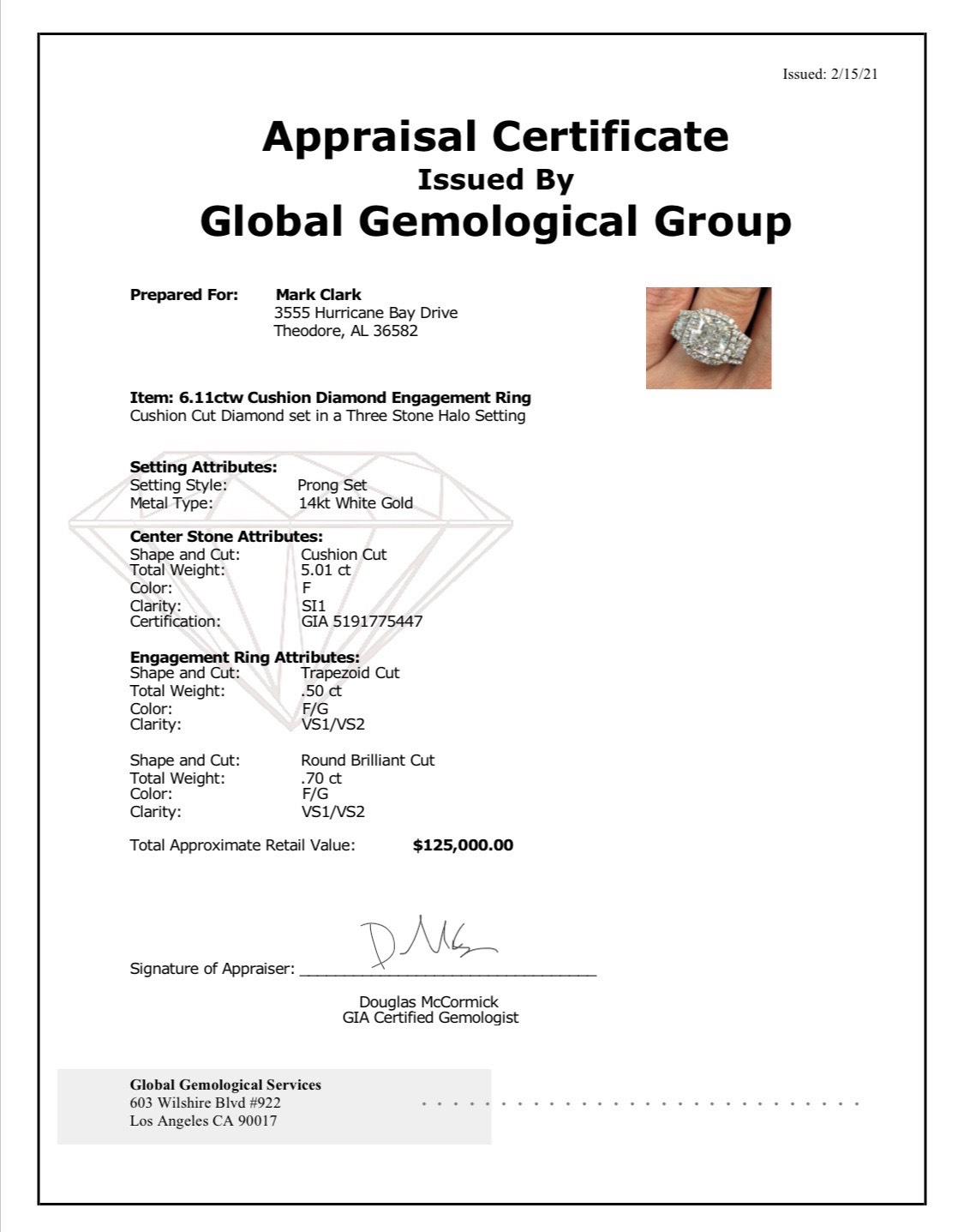GSI 6.11 Carat F SI1 Cushion Natural Diamond Ring - Image 3