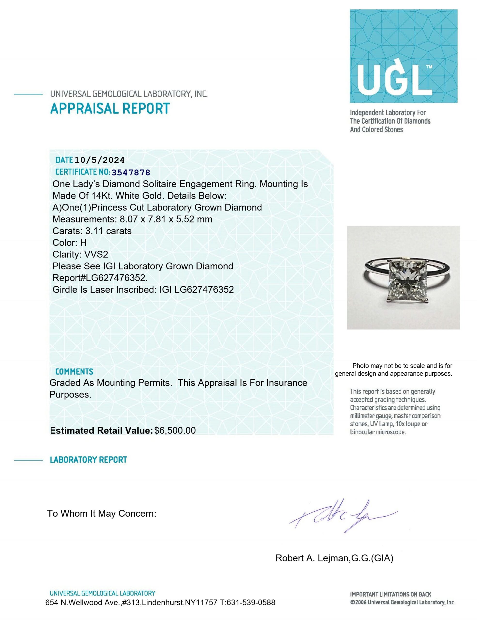 IGI 3.11 Carat H VVS2 Princess Lab Grown Ring - Image 3
