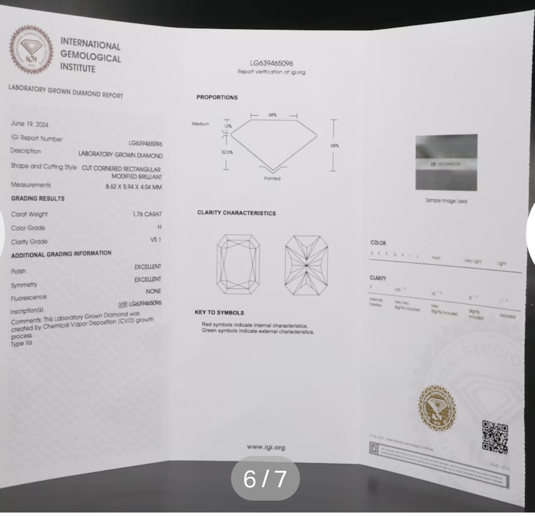 IGI 1.76 Carat H VS1 Radiant Lab Grown Diamond Loose Diamond - Image 4