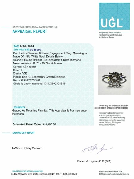 IGI 4.73 Carat I VS2 Round Lab Grown Ring - Image 3