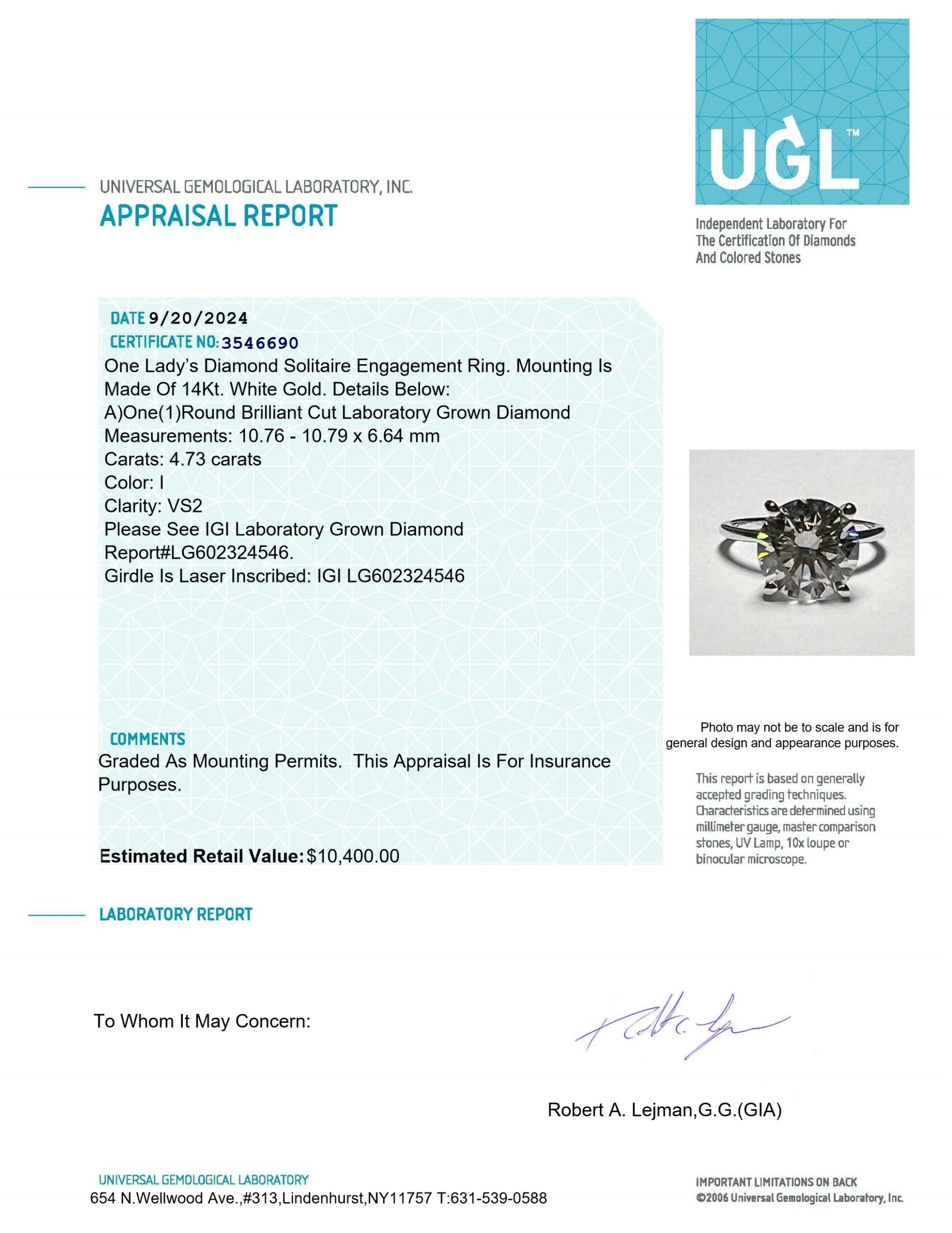 IGI 4.73 Carat I VS2 Round Lab Grown Ring - Image 3