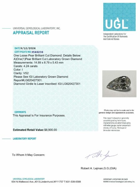 IGI 4.24 Carat I VS2 Pear Lab Grown Loose Diamond - Image 3