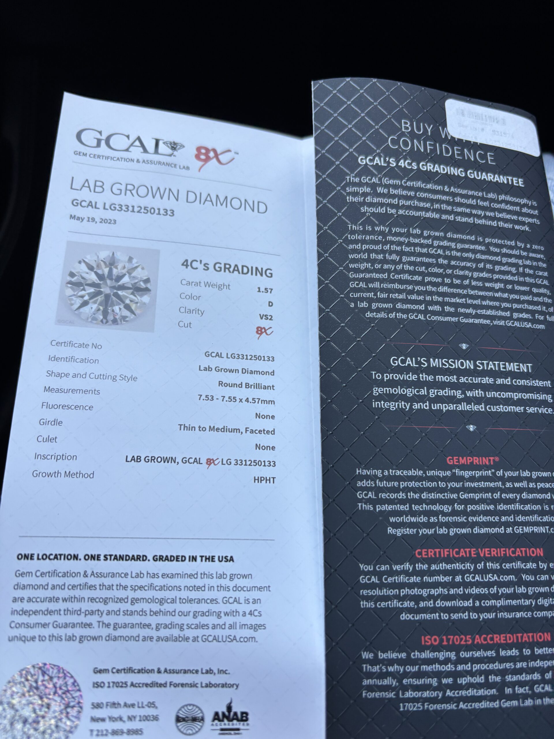 GCAl 1.57 Carat D VS2 Round Lab Grown Diamond Ring - Image 3