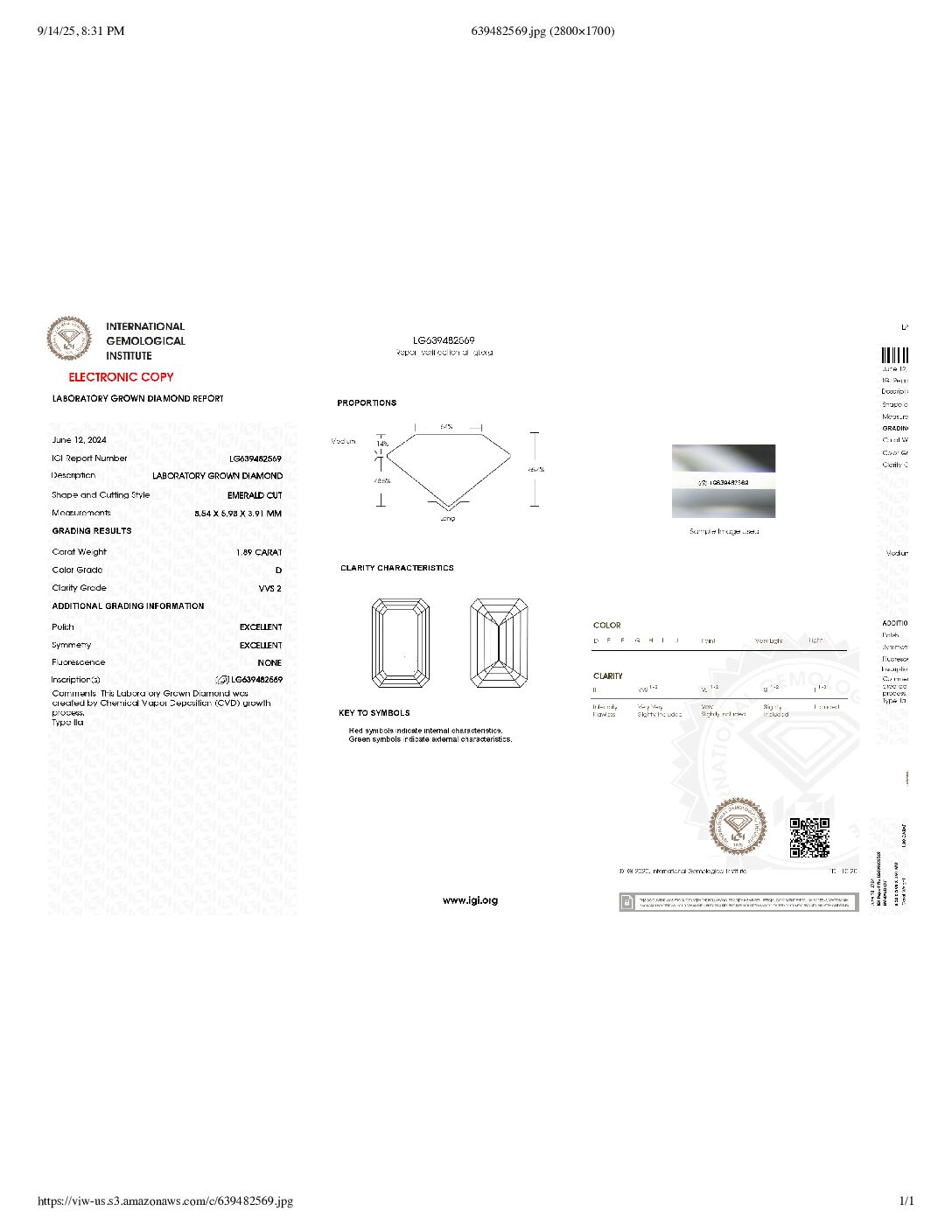 IGI 1.89 Carat D VVS2 Emerald Lab Grown Diamond Ring - Image 8