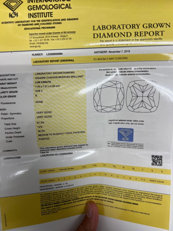IGI 2.08 Carat E VVS2 Cushion Lab Grown Diamond Ring - Image 5