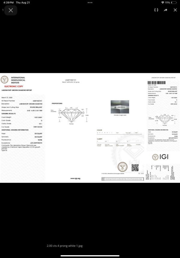 IGI 2.00 Carat D VS1 Round Lab Grown Diamond Other Diamond Jewelry - Image 2