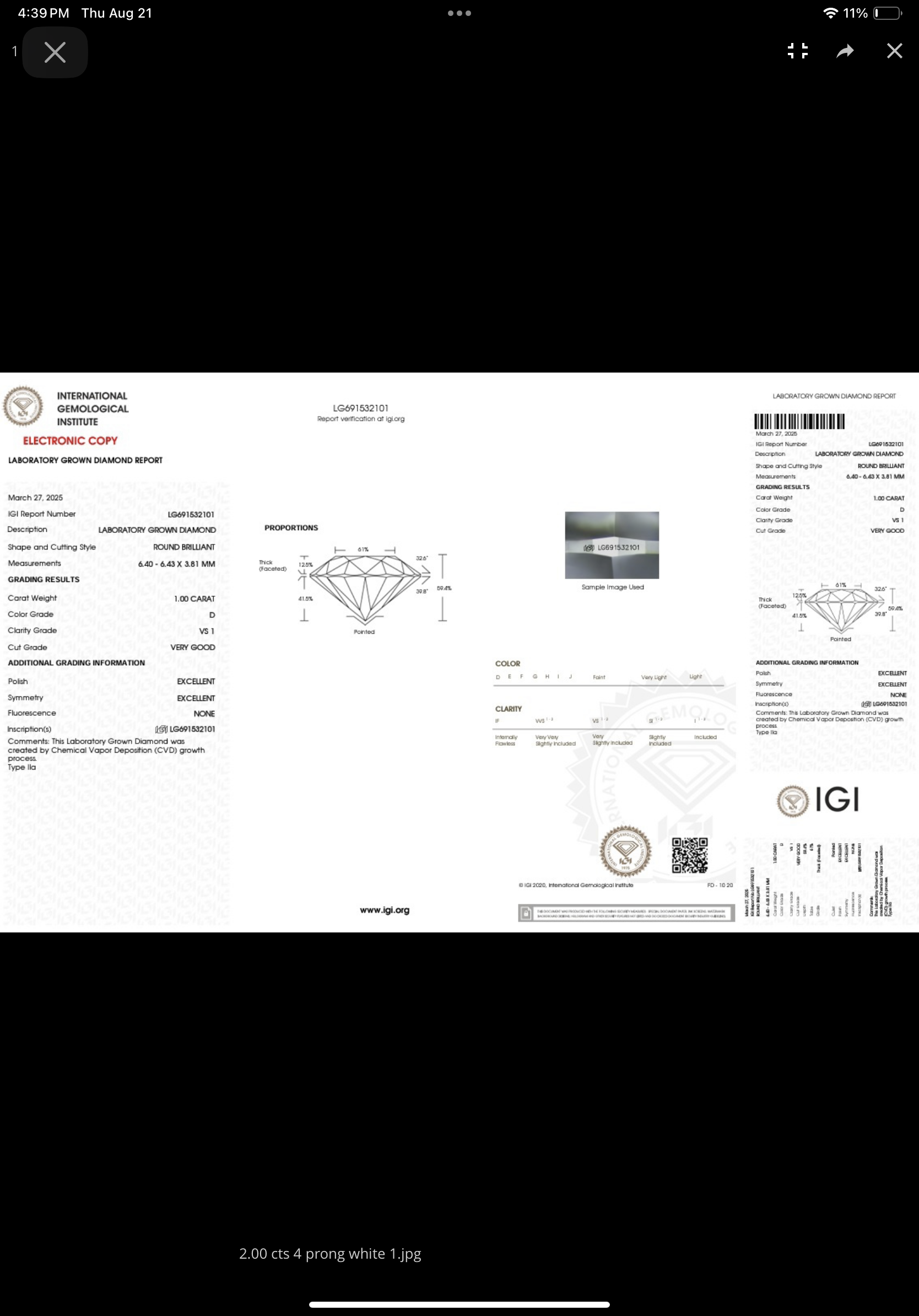 IGI 2.00 Carat D VS1 Round Lab Grown Diamond Other Diamond Jewelry - Image 2