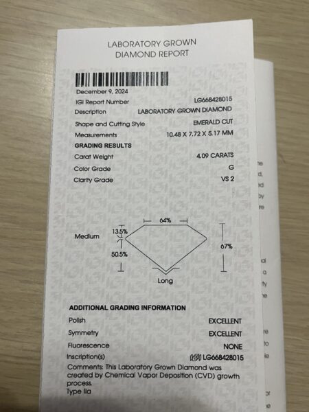 IGI 4.09 Carat G VS2 Emerald Lab Grown Diamond Loose Diamond - Image 10