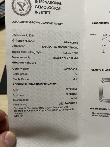 IGI 4.09 Carat G VS2 Emerald Lab Grown Diamond Loose Diamond - Image 11