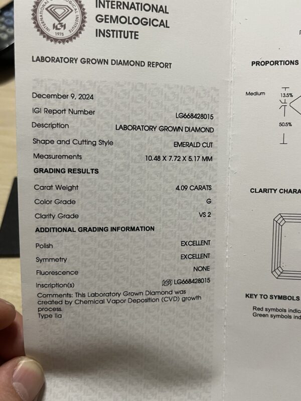 IGI 4.09 Carat G VS2 Emerald Lab Grown Diamond Loose Diamond - Image 11
