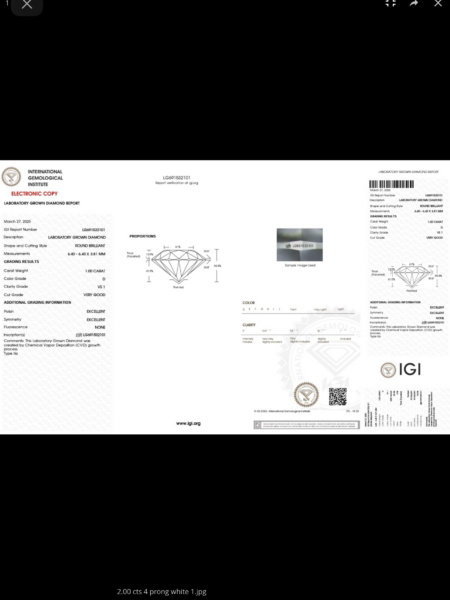 IGI 2.00 Carat D VS1 Round Lab Grown Diamond Other Diamond Jewelry - Image 5