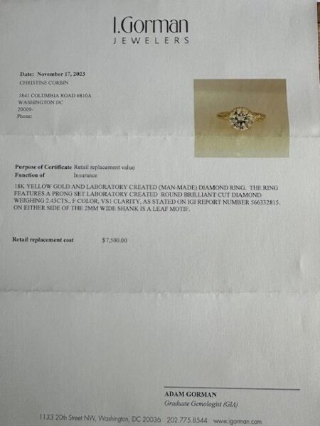 IGI 2.43 Carat F VS1 Round Lab Grown Diamond Ring - Image 5