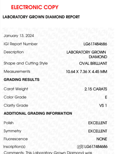 IGI 2.15 Carat F VVS2 Oval Lab Grown Diamond Loose Diamond - Image 2