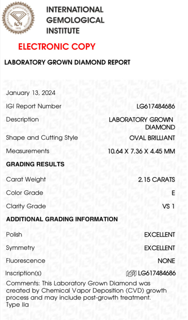 IGI 2.15 Carat F VVS2 Oval Lab Grown Diamond Loose Diamond - Image 2