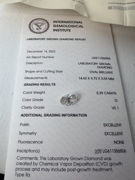 IGI 5.39 Carat G VS1 Oval Lab Grown Diamond Loose Diamond - Image 7