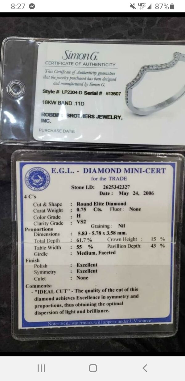 EGL 0.75 Carat H VS2 Round Natural Diamond Diamond Ring - Image 4