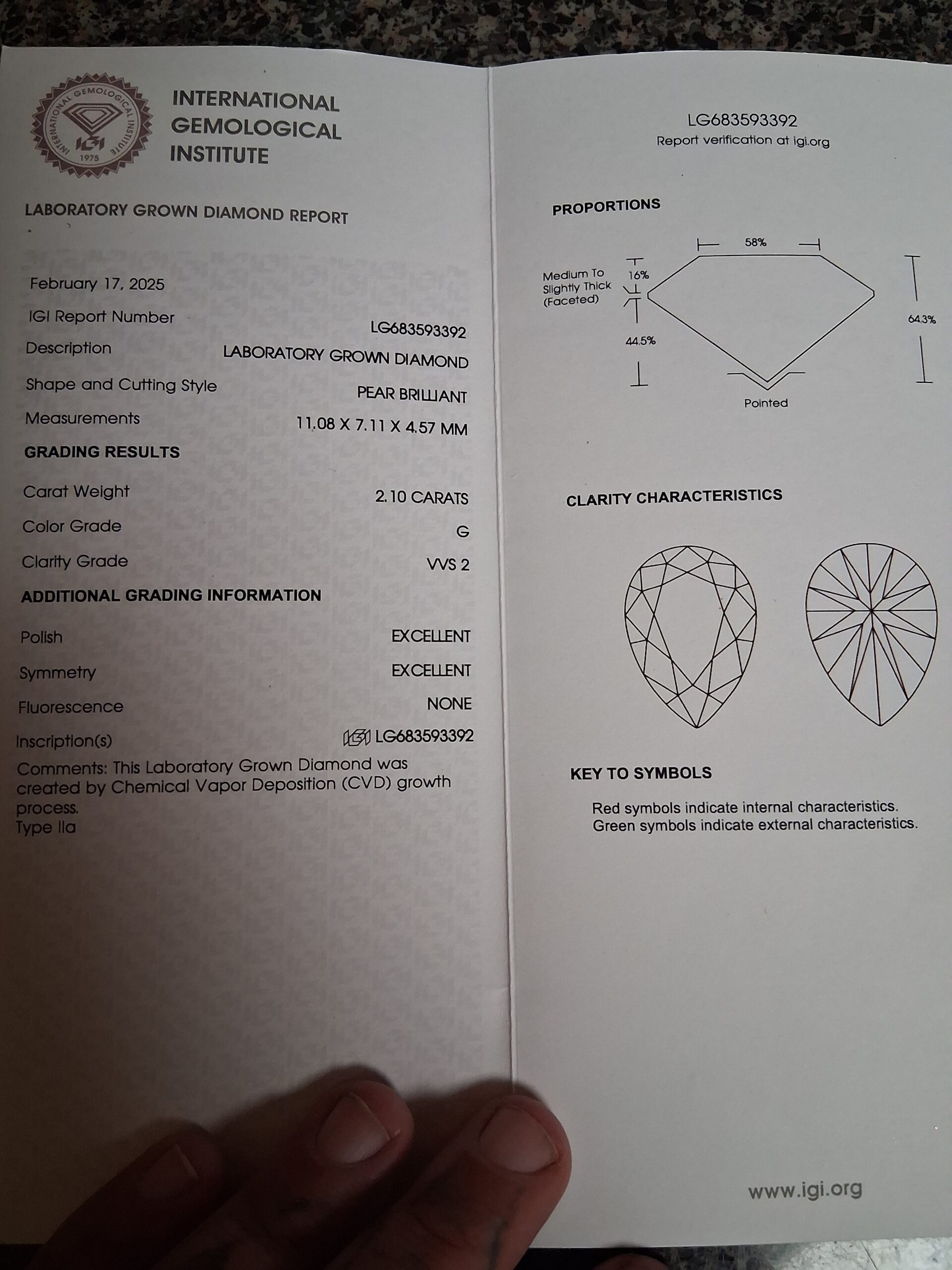 IGI 2.10 Carat G VVS2 Pear Lab Grown Diamond Loose Diamond - Image 7