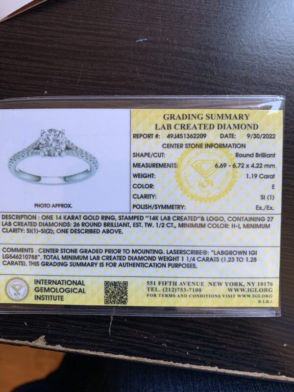 IGI 1.19 Carat E SI1 Round Lab Grown Diamond Ring - Image 2