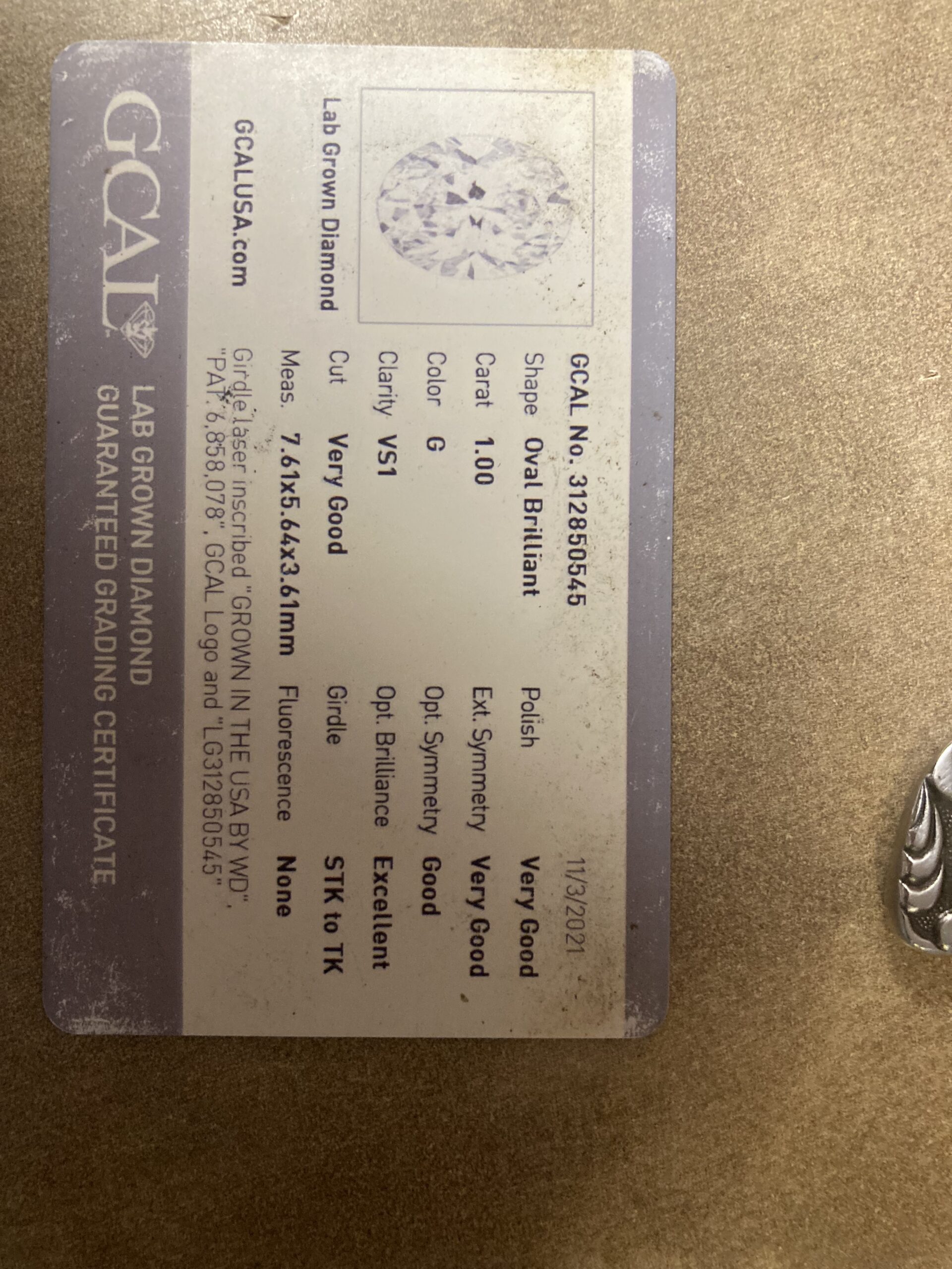 GCAL 1 Carat G VS1 Oval Lab Grown Diamond Ring - Image 5