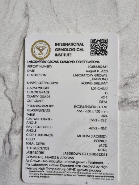 IGI 1.09 Carat D VS1 Round Lab Grown Diamond Ring - Image 5