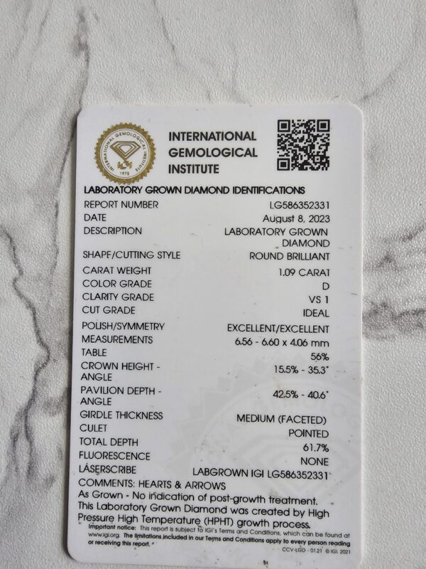 IGI 1.09 Carat D VS1 Round Lab Grown Diamond Ring - Image 5