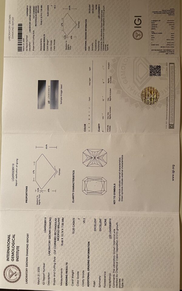 IGI 10.25 Carat F VS2 Radiant Lab Grown Diamond Ring - Image 6
