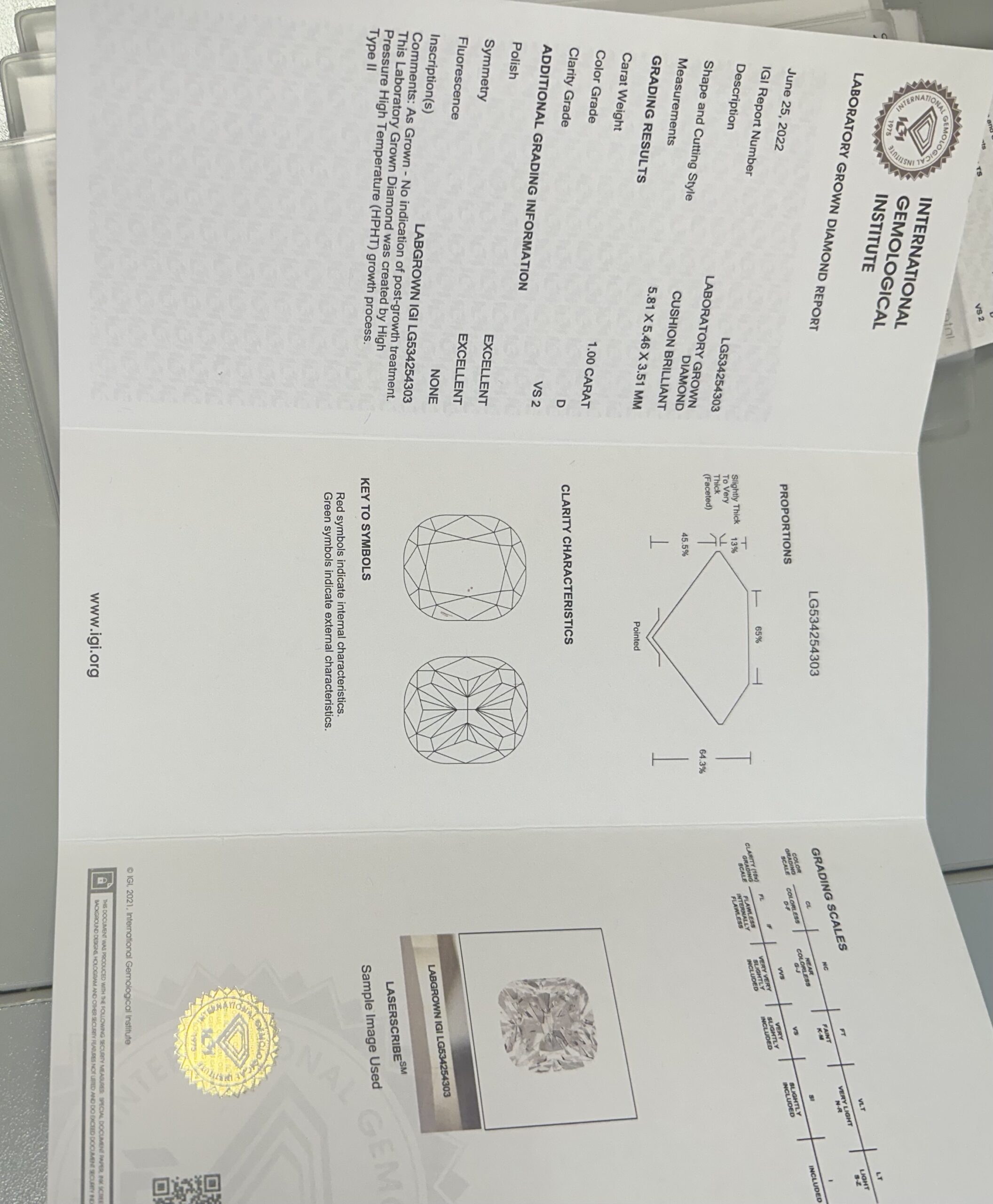 IGI 5.02 Carat Total Weight D VS2 Cushion Lab Grown Diamond Ring - Image 8